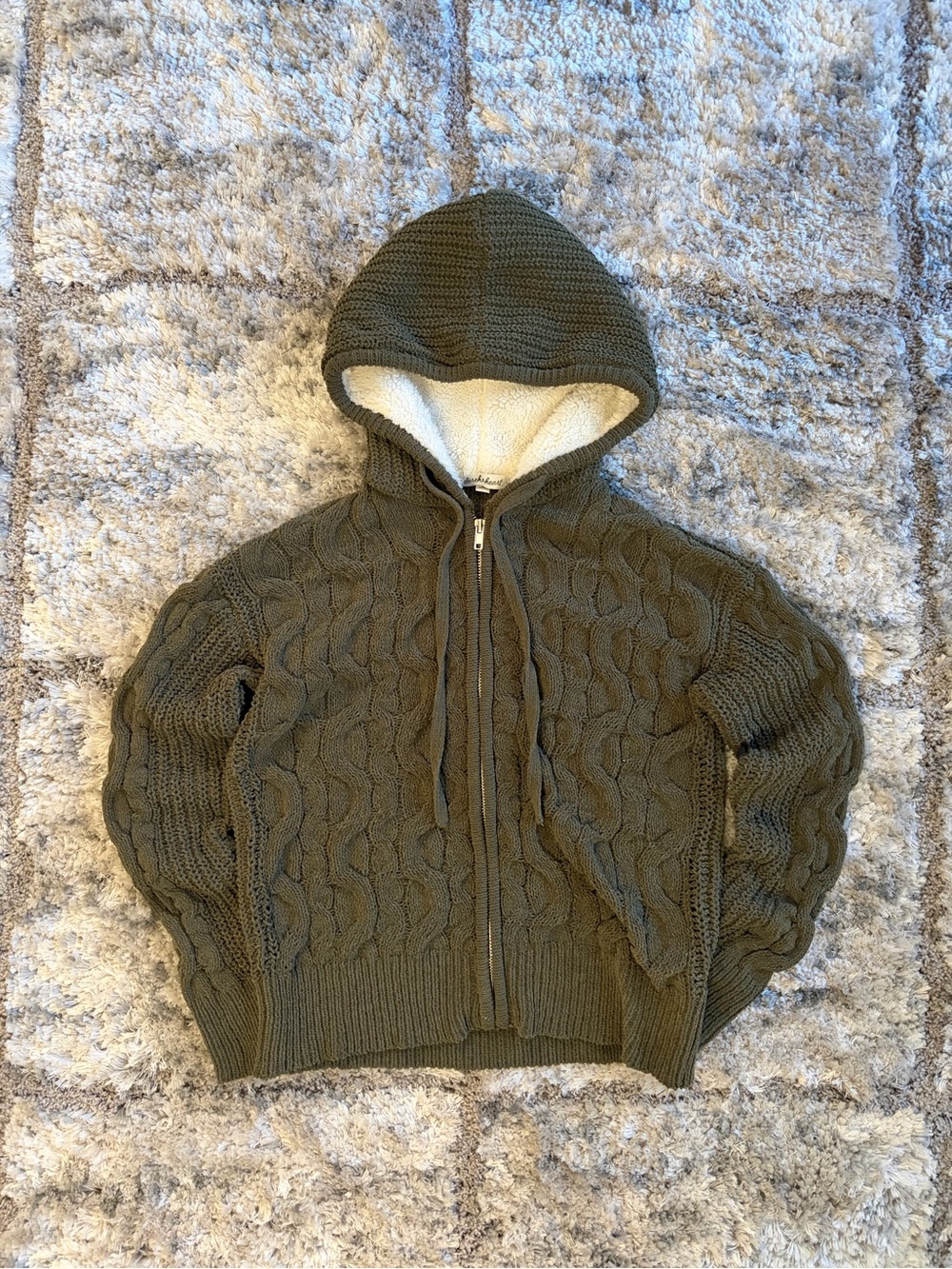 Derek Heart Olive Green Cable Knit Hoodie with Cream Sherpa